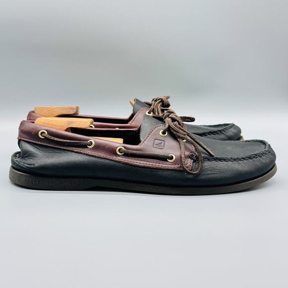 Sperry Top-Sider Shoes Mens 14 Black Brown Leather Boat Moc Toe Nautical Classic - Picture 1 of 10